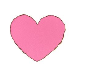 Pink color heart love shape with burnt white paper at the edge on white background.
