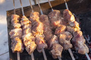 delicious pork grilled on the fire, barbecue in winter, cooking meat.