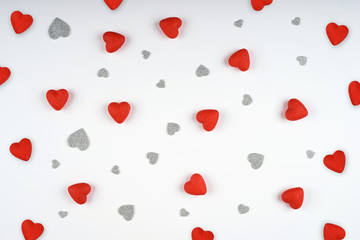 Many red and silver hearts on white background. Valentines Day.