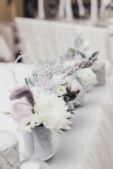 snow covered wedding bouquet, decorations, sparkles, snowflakes