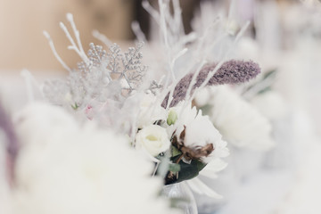 snow covered wedding bouquet, decorations, sparkles, snowflakes