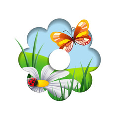 Summer flower.
Summer landscape in a paper frame in the shape of a flower. Vector illustration, EPS-10, 3d.