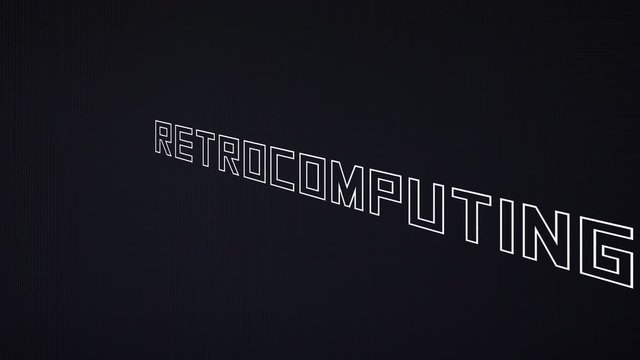 A wireframe animated text, Retrocomputing, spinning around its axis. Retro futuristic obsolete style (computer-generated imagery from the 1980s).
