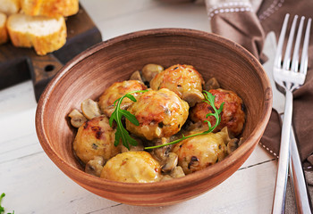 Delicious homemade meatballs with mushroom cream sauce.  Swedish cuisine.