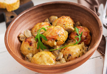 Delicious homemade meatballs with mushroom cream sauce.  Swedish cuisine.