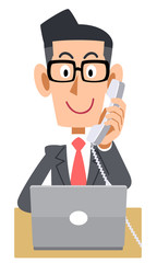 ビジネスマン　電話　内線　パソコン　眼鏡
