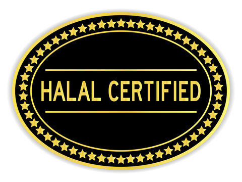 Black and gold color oval sticker in word halal on white background