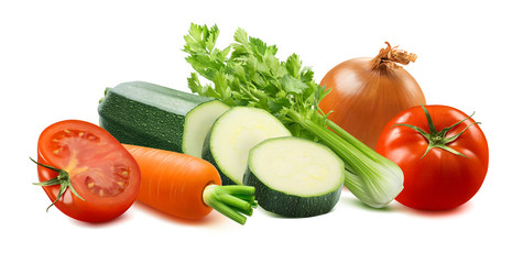 Tomato, carrot, zucchini, celery and yellow onion isolated on white background
