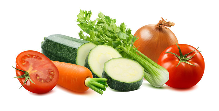 Tomato, Carrot, Zucchini, Celery And Yellow Onion Isolated On White Background