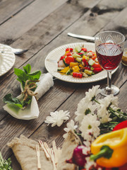vegetables salad (tomato, cucumber, radish, pepper, arugula, onion, etc.). top, food background copy space