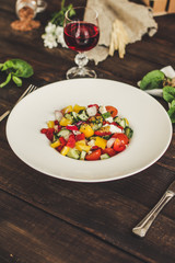 vegetables salad (tomato, cucumber, radish, pepper, arugula, onion, etc.). top, food background copy space