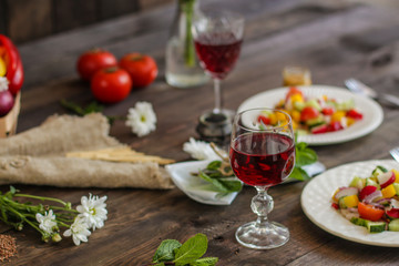 vegetables salad (tomato, cucumber, radish, pepper, arugula, onion, etc.). top, food background copy space