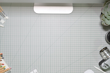 Workplace and creative craft tools on cutting mat. workspace and copy space