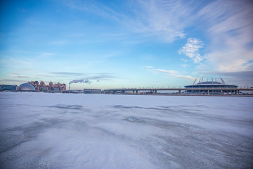 View of the city from the Neva Bay in winter