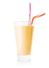 Banana or vanilla smoothie or yogurt in tall glass with two stra
