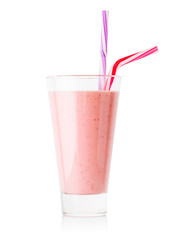 Berry smoothie or yogurt in tall glass with two straw