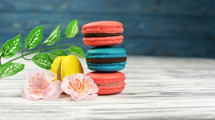 macaroons sweet tasty cookies with leaves decoration french almond 