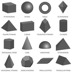 Basic 3d geometric shapes isolated on white background. All basic 3d shapes template in dark. Realistic geometric shapes black. Vector illustration.