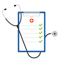 Medical stethoscope with blank paper in clipboard. Medical concept. Stethoscope on clipboard. Vector illustration.
