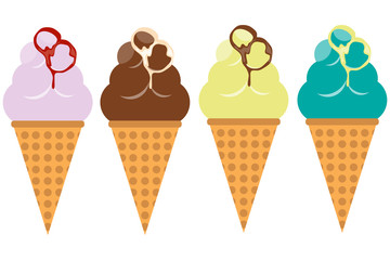 Set of colorful tasty isolated ice cream. Vector illustration of collection of ice cream. Ice Cream Set Vector Illustration, Strawberry Chocolate Vanilla Sweet Dessert Cone