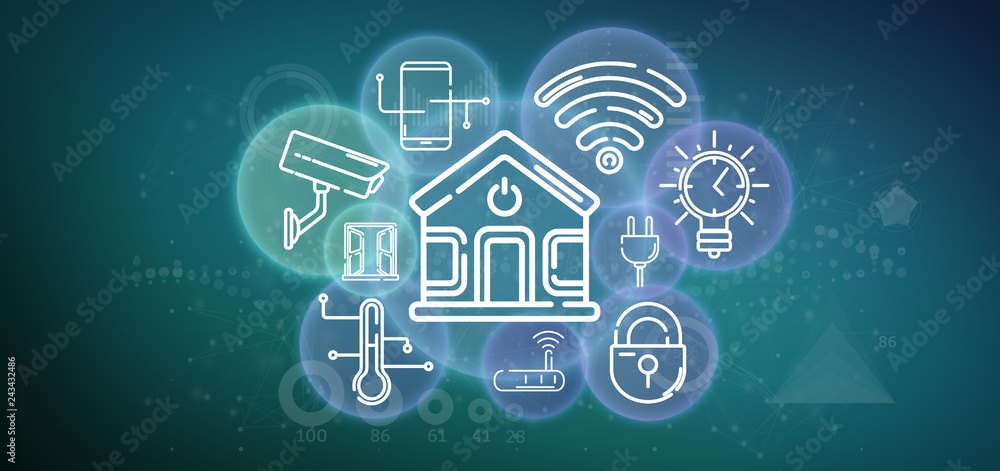Poster smart home interface with icon, stats and data 3d rendering