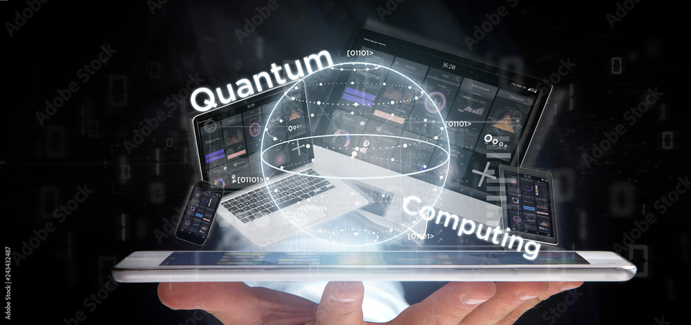 Poster businessman holding quantum computing concept with qubit and devices 3d rendering
