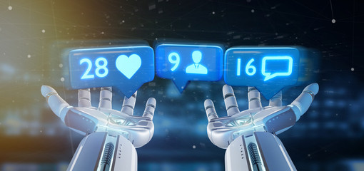 Cyborg hand holding Like, Follower and message notification on social network - 3d rendering