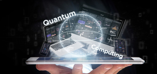 Businessman holding Quantum computing concept with qubit and devices 3d rendering