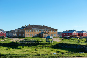 Fototapeta na wymiar SOLOVKI, REPUBLIC OF KARELIA, RUSSIA - JUNE 27, 2018: The village of Solovetsky. The prison barrack of the period is USLON. It housed women prisoners. Currently, a dwelling house