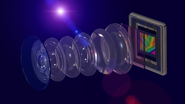 Mobile camera concept, lens and smartphone camera sensor, optical layout wide 16x9 format, 3D rendering