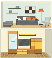 vector, living room with sofa, TV