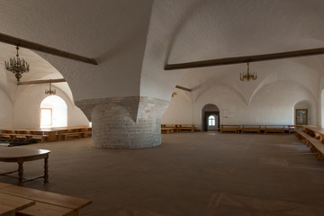 One-column refectory chamber in the Spaso-Preobrazhensky Solovetsky Monastery. Russia, Arkhangelsk region, Primorsky district, Solovki
