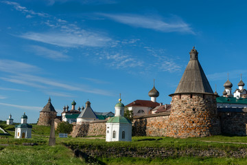 Spaso-Preobrazhensky Solovetsky Monastery in the summer from the Bay of well-being, Russia
