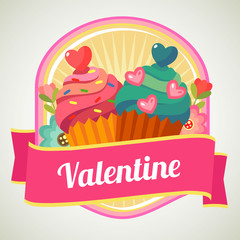 flat style valentine badge with muffin cake