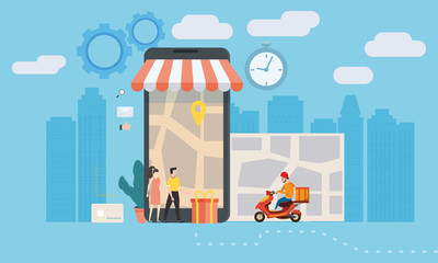 Concept Online delivery service, tracking online tracker, landing page. Tiny people, a scooter with a delivery man, a man and a woman buyers, a package delivery, smartphone, map, a stopwatch. Internet