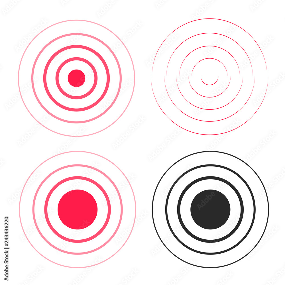 Poster red ripple rings sound waves icons set, line circle gradient, radio signal black and white lines wit
