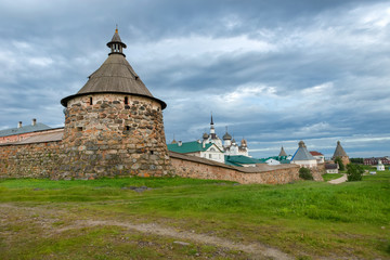 Spaso-Preobrazhensky Solovetsky Monastery in the summer from the Bay of well-being, Russia