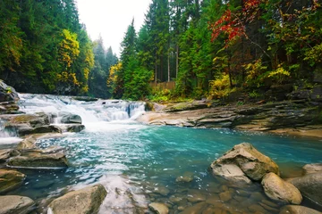 Fototapeten Wasserfall am Bergfluss mit blauem Wasser © alexlukin