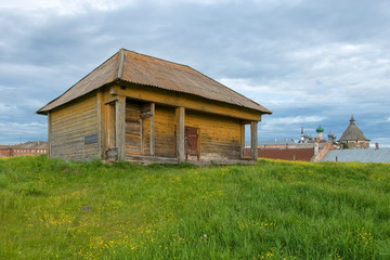 Fototapeta na wymiar Wooden barn on a green hill