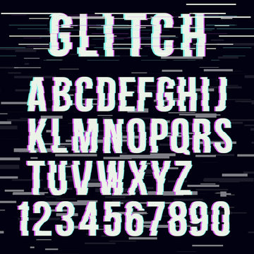 Trendy style distorted glitch typeface alphabet. Letters and numbers: A to Z and numbers from 0 to 9. Green and red channels. Vector illustration. 