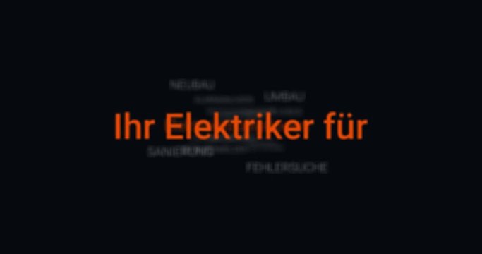 Animation welche das Portfolio eines Elektrikers zeigt. Schwarzer Hintergrund, orange Schrift