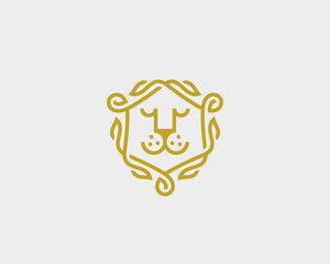 Lion face shield vector logo. Linear animal head logotype.