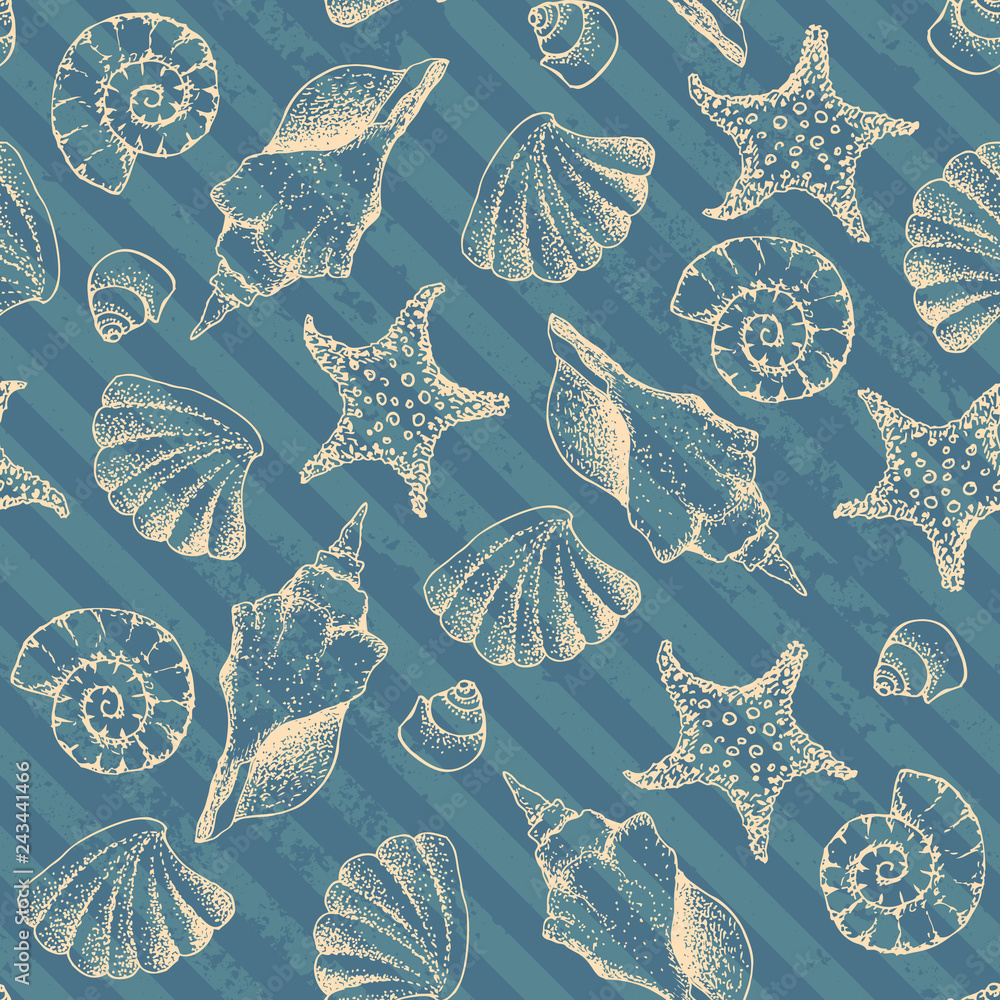 Poster blue waves pattern and hand draw in marine style.
