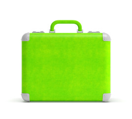 Old classic suitcase or vintage leather bag or travel luggage in summer vibrant green color. Front...