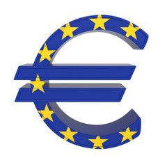 Currency symbol with national flag. Euro. 3d render isolated on white.