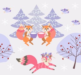 Squirrels drink milk from cups. Cute dreamy fox runs through the winter forest. Wonderful seamless Christmas pattern in vector.