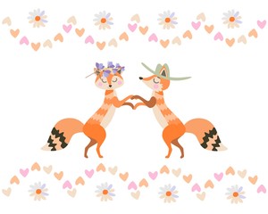 Cute cartoon foxes in love isolated on white background in vector. Valentine's day card.