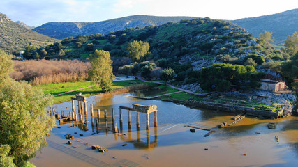 Aerial drone photo of Temple and Sanctuary of Artemis in archaeological site of Vravrona at winter...