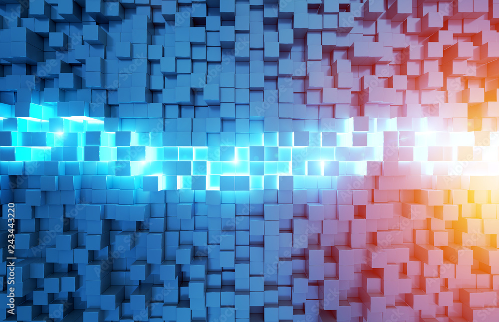 Poster Glowing black blue and orange squares background pattern 3D rendering