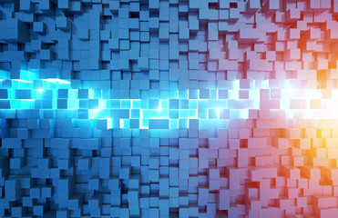 Glowing black blue and orange squares background pattern 3D rendering